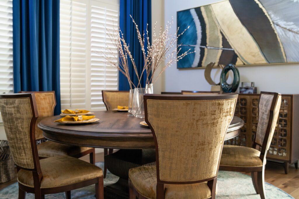 Global inspired luxury dining room design by Nikki Klugh Design Group.